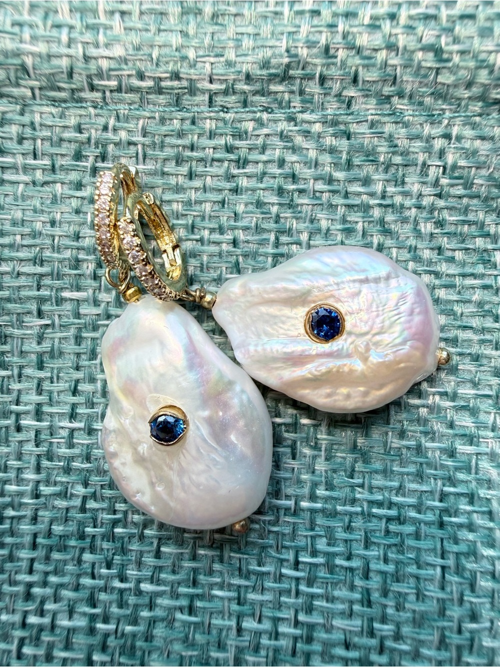 Anthropologie Natural Pearl Drop Earrings with Blue and Clear Crystal Accents